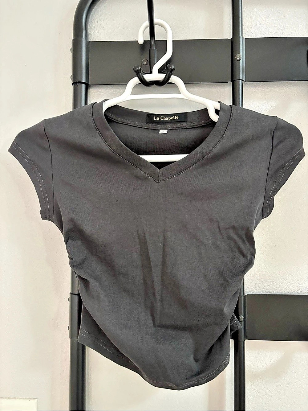 La Chapelle Black Gathered Side Short Sleeve Top
